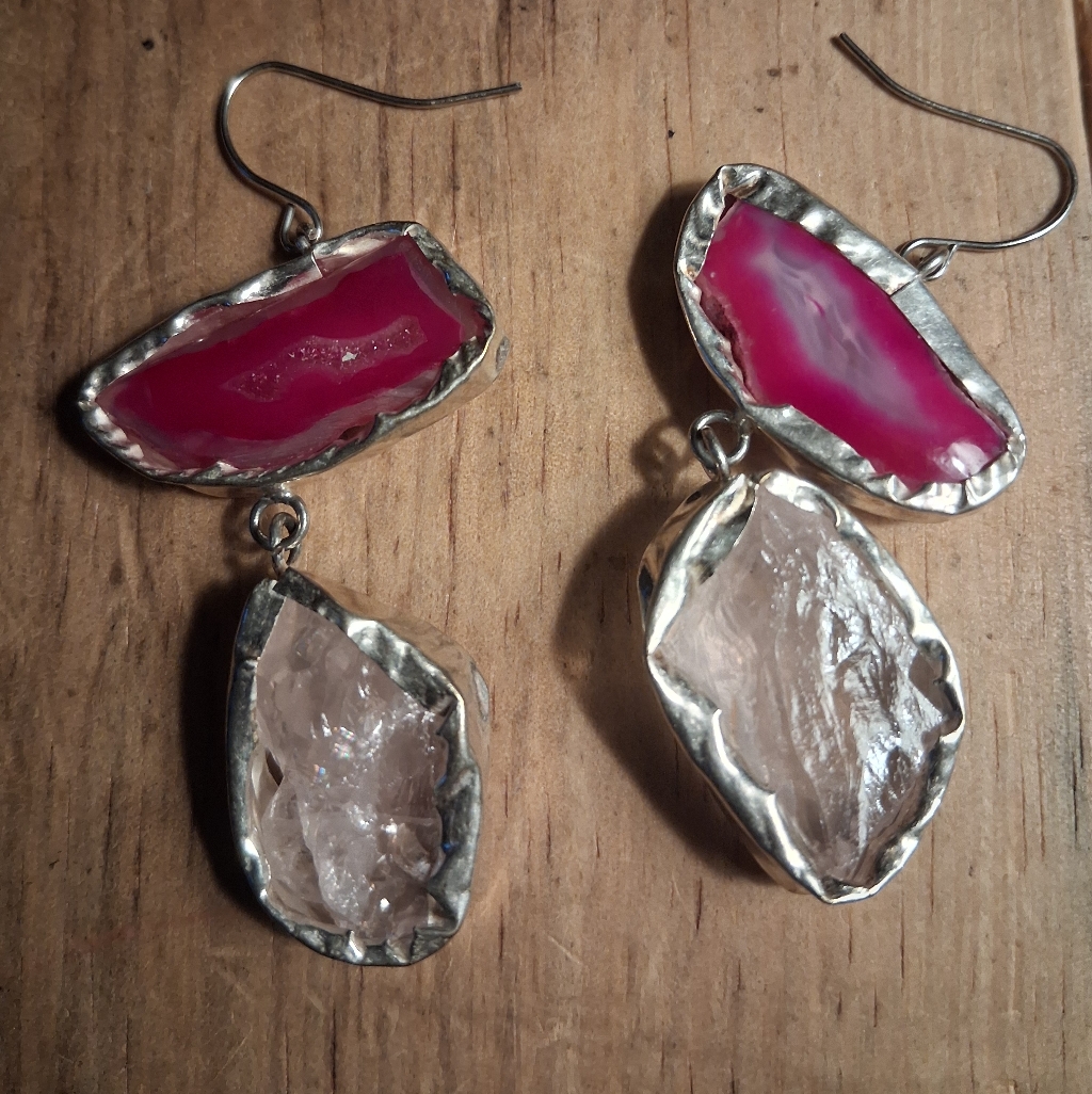 Nwot Pink Agate Slice & Rough Quartz Crystal Drop Earrings